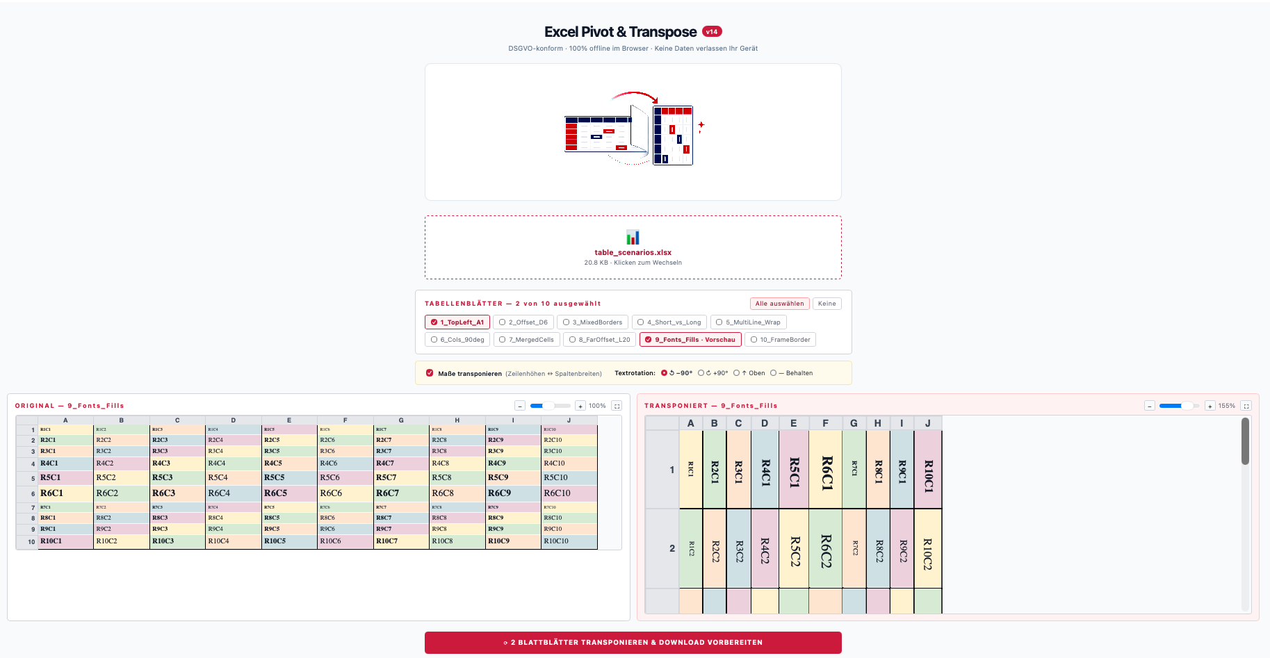 Excel Pivot & Transpose v14 Screenshot der Benutzeroberfläche